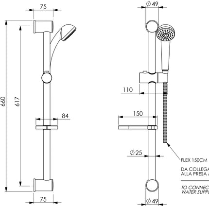 Saliscendi interasse regolabile con asta ø25 mm, altezza 660 mm, doccetta 3 getti cromata, portasapone e flessibile 150 cm - modello: nature 125