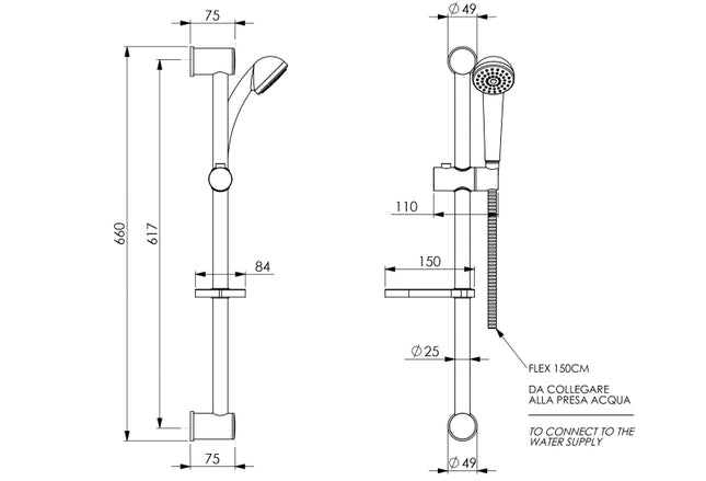 Saliscendi interasse regolabile con asta ø25 mm, altezza 660 mm, doccetta 3 getti cromata, portasapone e flessibile 150 cm - modello: nature 125