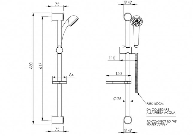 Saliscendi con asta ø25 mm, altezza 660 mm, doccetta 1 getto cromata, portasapone e flessibile 150 cm - Modello: nature 125