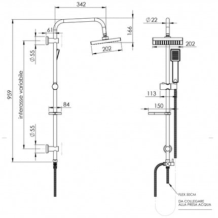 Colonna doccia cromata con flessibile, doccetta e soffione - modello: nature quadra