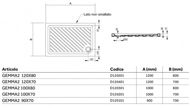 Piatto Doccia rettangolare 70x120 cm In Ceramica senza piletta - Altezza 7 cm