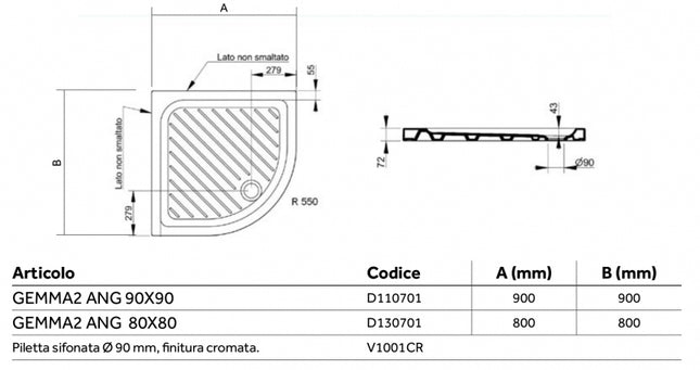 Piatto Doccia Semicircolare 90x90 cm In Ceramica senza piletta - Altezza 7 cm