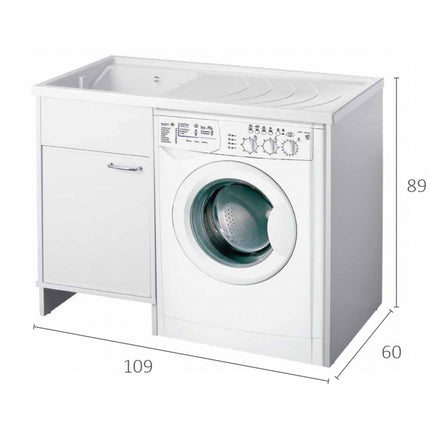 Lavatoio In Vetroresina Con Mobile 1 Anta In Pvc Coprilavatrice 109×60×89 (L×P×H) CM Lato Sinistro Bianco