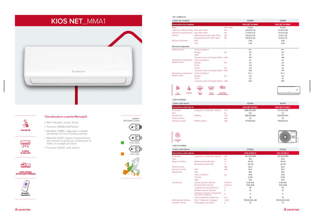 Ariston Climatizzatore/condizionatore Wi-FI Monosplit Inverter 9000 BTU gas R32 - Modello Kios Net