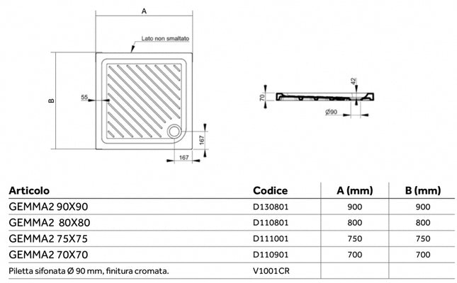 Piatto Doccia Quadrato 70x70 cm In Ceramica senza piletta - Altezza 7 cm