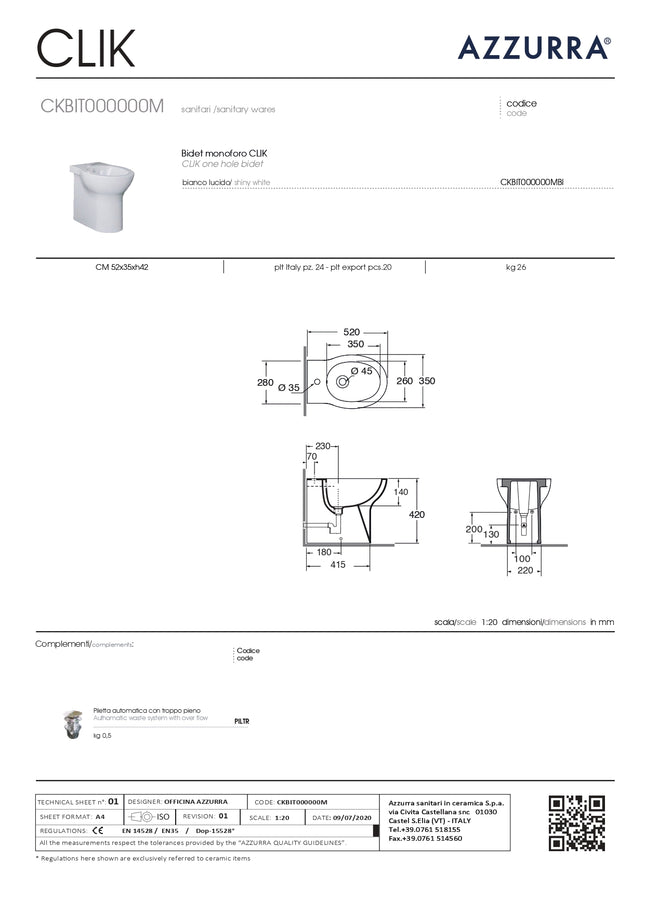 Azzurra - Bidet Filo Parete Bianco In Ceramica - Serie Clik