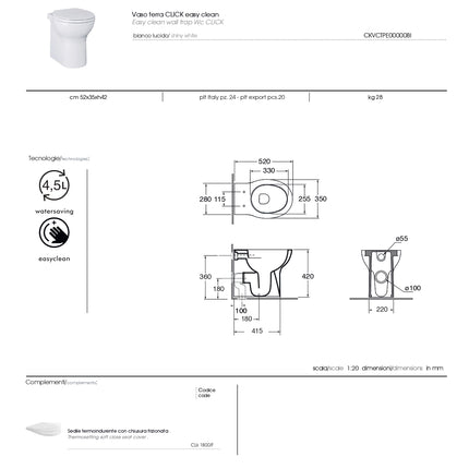 Azzurra - Vaso filo parete bianco senza brida Serie Clik (senza coprivaso)
