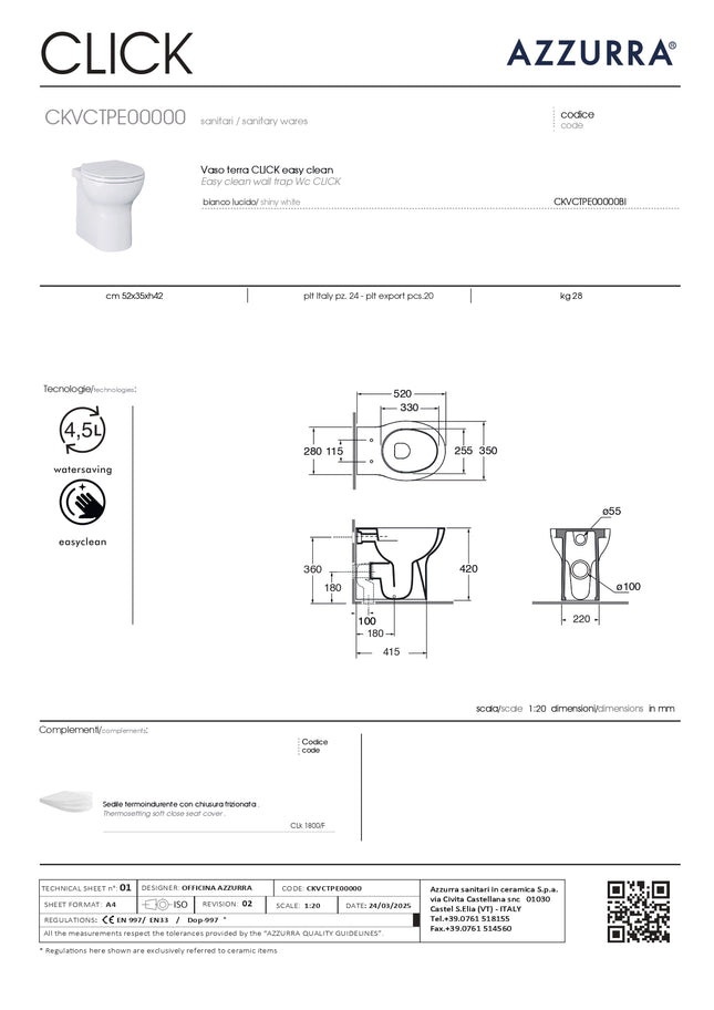 Azzurra - Vaso filo parete bianco senza brida Serie Clik (senza coprivaso)