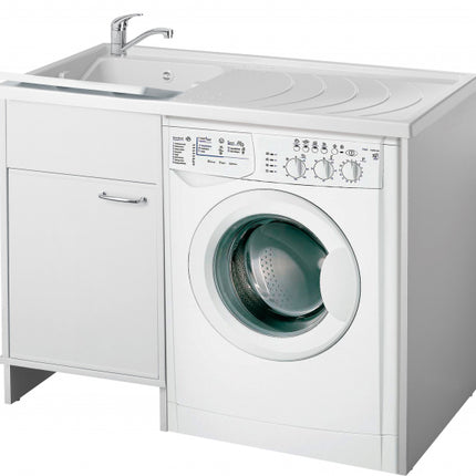 Lavatoio In Vetroresina Con Mobile 1 Anta In Pvc Coprilavatrice 109×60×89 (L×P×H) CM Lato Sinistro Bianco