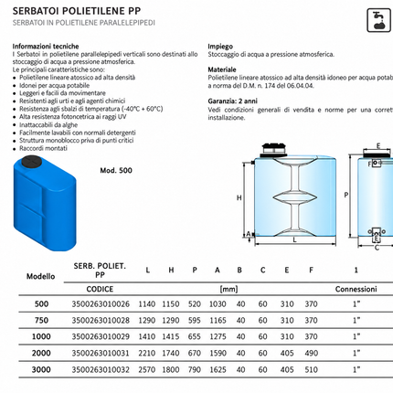 Cordivari - Serbatoio Parallelepipedo In Polietilene Da 750 Litri Per Acqua Potabile
