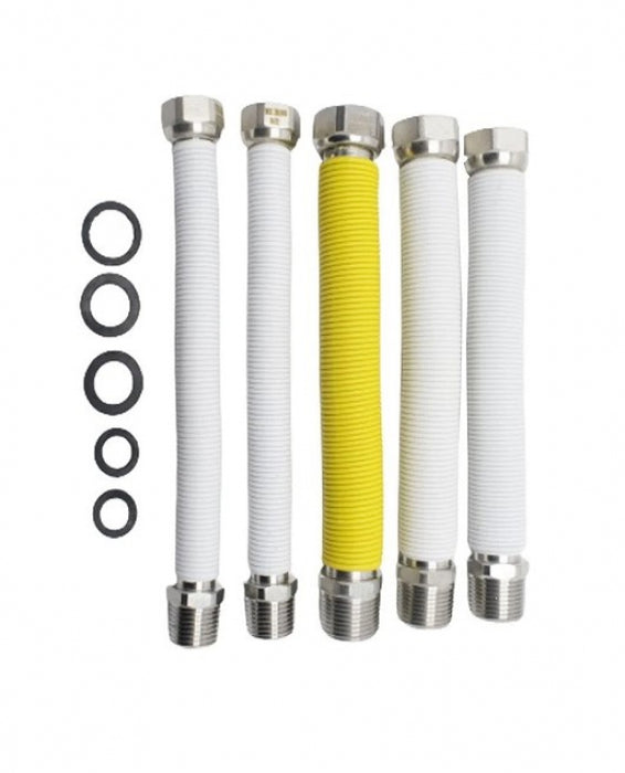 Kit blister flessibili inox con rivestimento bianco per allacciamento caldaia e scaldino 220-420 mm (2 flessibili 1/2" acqua - 2 flessibili 3/4" acqua - 1 flessibile 3/4" gas)