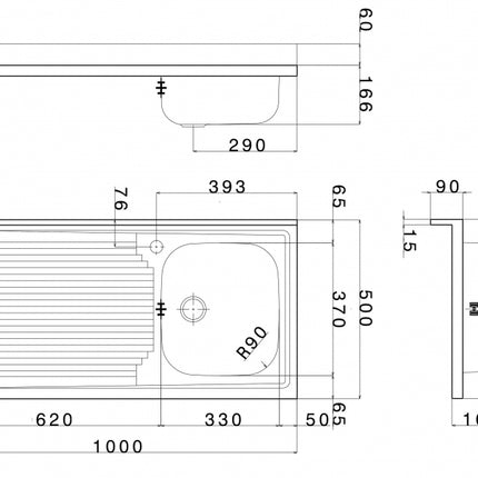 Lavello Cucina In Acciaio Inox Ad Appoggio Da 100 Cm Con Bordino Posteriore 1 Vasca A Destra Con Gocciolatoio A Sinistra
