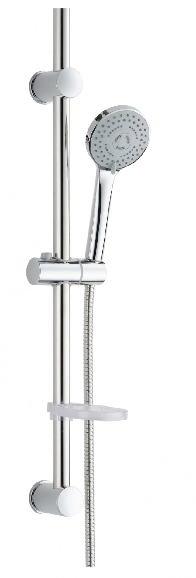 Saliscendi interasse regolabile con asta ø25 mm, altezza 660 mm, doccetta 3 getti cromata, portasapone e flessibile 150 cm - modello: nature 125