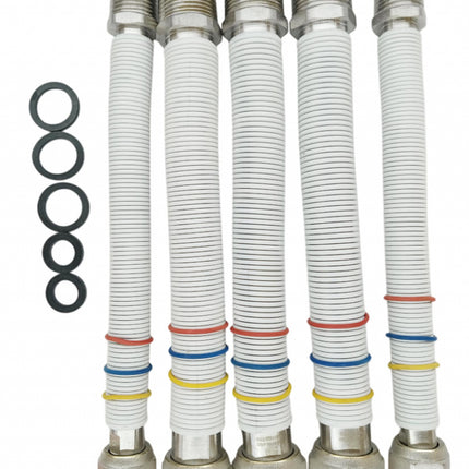Kit blister flessibili inox con rivestimento bianco per allacciamento caldaia e scaldino 220-420 mm (2 flessibili 1/2" acqua - 2 flessibili 3/4" acqua - 1 flessibile 3/4" gas)