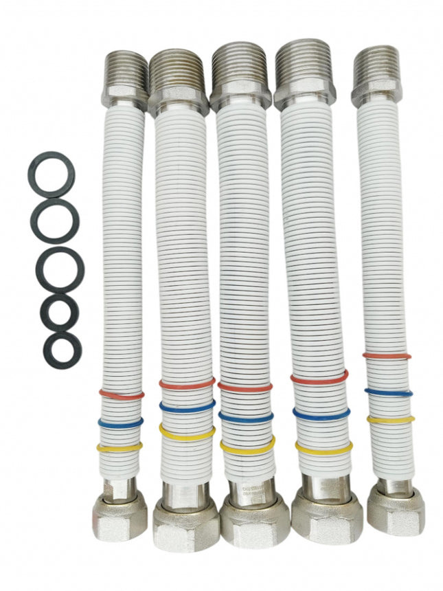 Kit blister flessibili inox con rivestimento bianco per allacciamento caldaia e scaldino 220-420 mm (2 flessibili 1/2" acqua - 2 flessibili 3/4" acqua - 1 flessibile 3/4" gas)