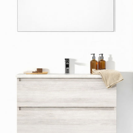 Composizione sospesa mobile 60 cm + lavabo in ceramica con specchio e lampada - Modello: Roma - Colore: Rovere Bianco (623)