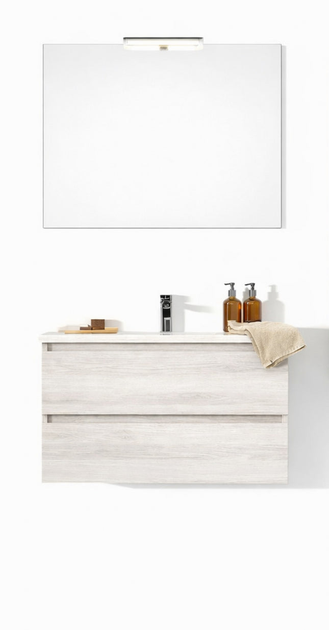 Composizione sospesa mobile 60 cm + lavabo in ceramica con specchio e lampada - Modello: Roma - Colore: Rovere Bianco (623)