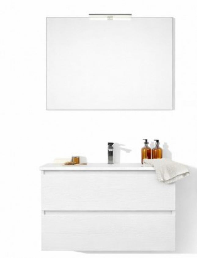 Composizione sospesa mobile 90 cm + lavabo in ceramica con specchio e lampada - Modello: Roma - Colore: Rovere Bianco (800)