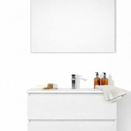 Composizione sospesa mobile 60 cm + lavabo in ceramica con specchio e lampada - Modello: Roma - Colore: Rovere Bianco (800)