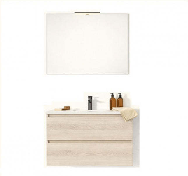 Composizione sospesa mobile 100 cm + lavabo in ceramica con specchio e lampada - Modello: Roma - Colore: Rovere Grigio (611)