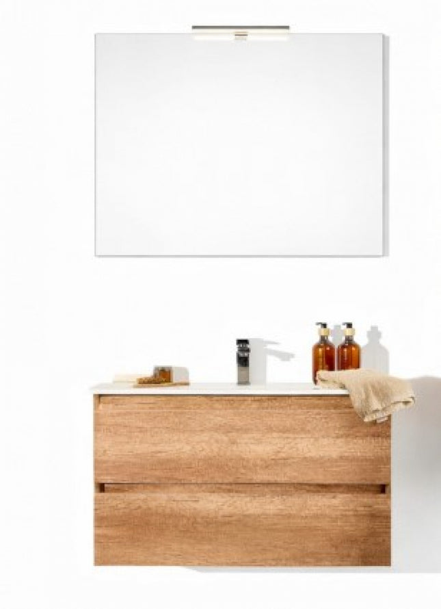 Composizione sospesa mobile 80 cm + lavabo in ceramica con specchio e lampada - Modello: Roma - Colore: Quercia (587)