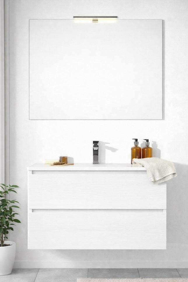 Composizione sospesa mobile 80 cm + lavabo in ceramica con specchio e lampada - Modello: Roma - Colore: Rovere Bianco (800)