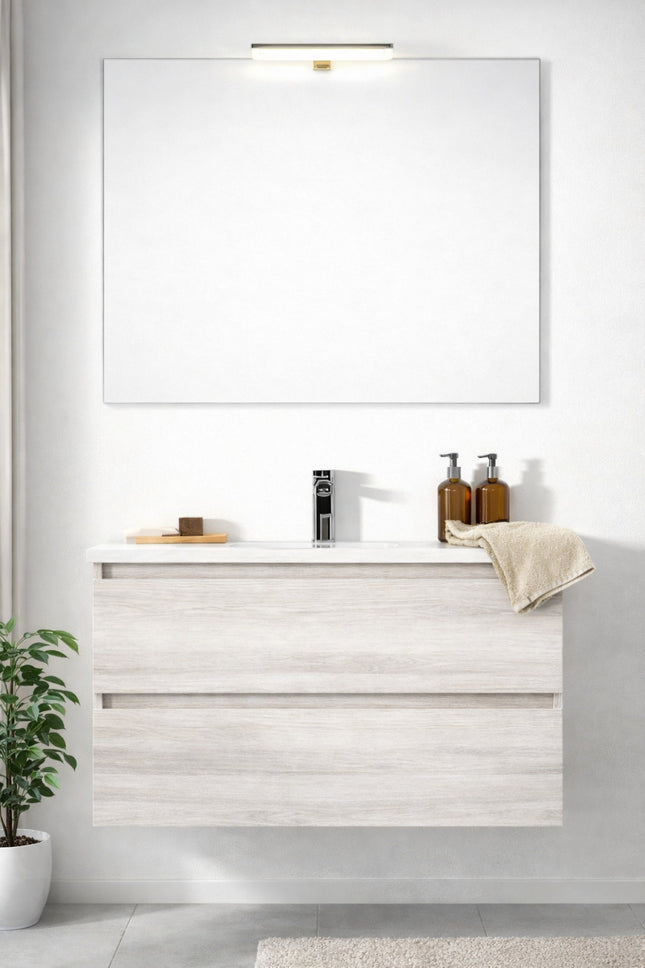 Composizione sospesa mobile 80 cm + lavabo in ceramica con specchio e lampada - Modello: Roma - Colore: Rovere Bianco (623)