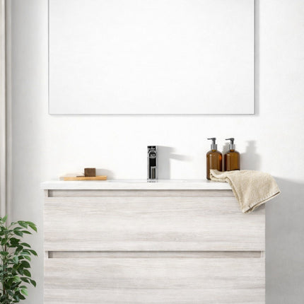 Composizione sospesa mobile 100 cm + lavabo in ceramica con specchio e lampada - Modello: Roma - Colore: Rovere Bianco (623)