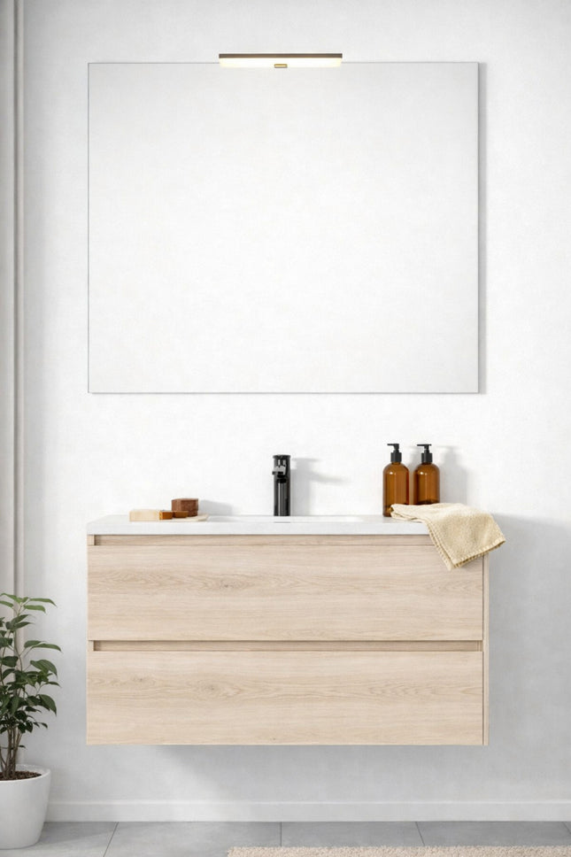 Composizione sospesa mobile 100 cm + lavabo in ceramica con specchio e lampada - Modello: Roma - Colore: Rovere Grigio (611)
