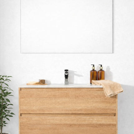 Composizione sospesa mobile 90 cm + lavabo in ceramica con specchio e lampada - Modello: Roma - Colore: Quercia (587)