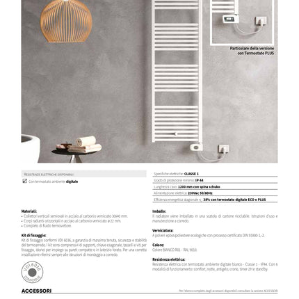 Cordivari- Radiatore Scaldasalviette elettrico 1400×500 mm - Colore: Bianco - Con Termostato digitale Eco - Modello: Lisa 22