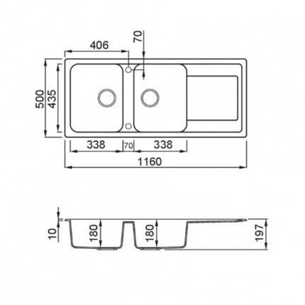 Elleci - Lavello Da Incasso reversibile In Composito Granitek Con Due Vasche + Appoggio - Misura: 116x50 cm - Colore: Nero