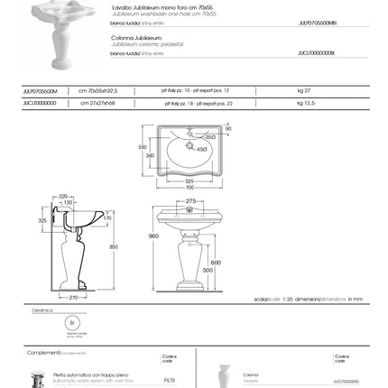 Azzurra - Lavabo Con Alzatina 70 Cm Porcellana Bianco - Serie: Jubilaeum (Senza Colonna)