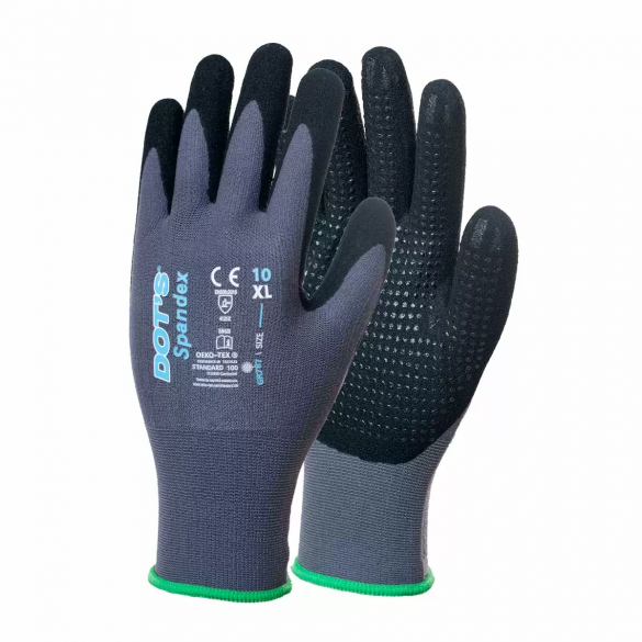 Guanto in nylon e spandex calibro 15 gauge con palmo rivestito in micro schiuma di nitrile con finitura puntinata - Taglia 9/L