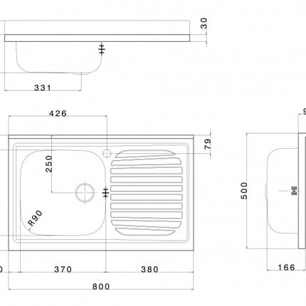 Lavello Cucina In Acciaio Inox Ad Appoggio Da 80 Cm Con Bordino Posteriore 1 Vasca A Sinistra Con Gocciolatoio A Destra