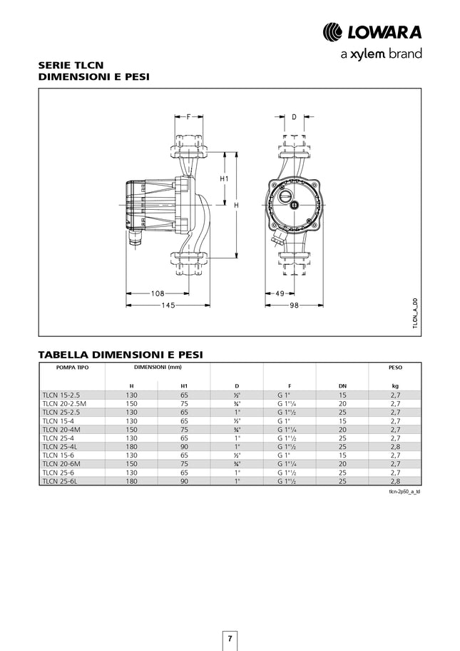 Lowara - Circolatore a rotore bagnato Per Acqua Calda Sanitaria - Modello: TLCN25-6L