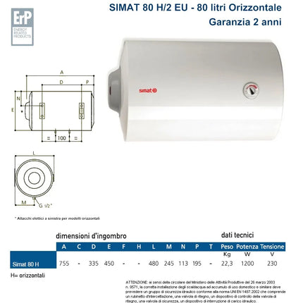 Simat - Scaldabagno elettrico 80 litri 2 anni di garanzia orizzontale sinistro