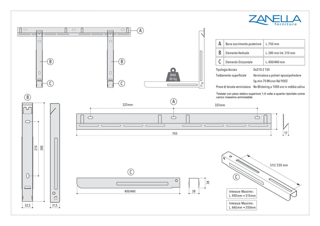 Zanella - Staffa Per Condizionatore 400×380×750 mm - sotto finestra
