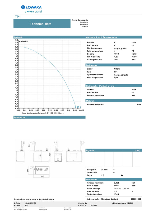Lowara - Elettropompa Per Sollevamento Condensa - Modello: TP1