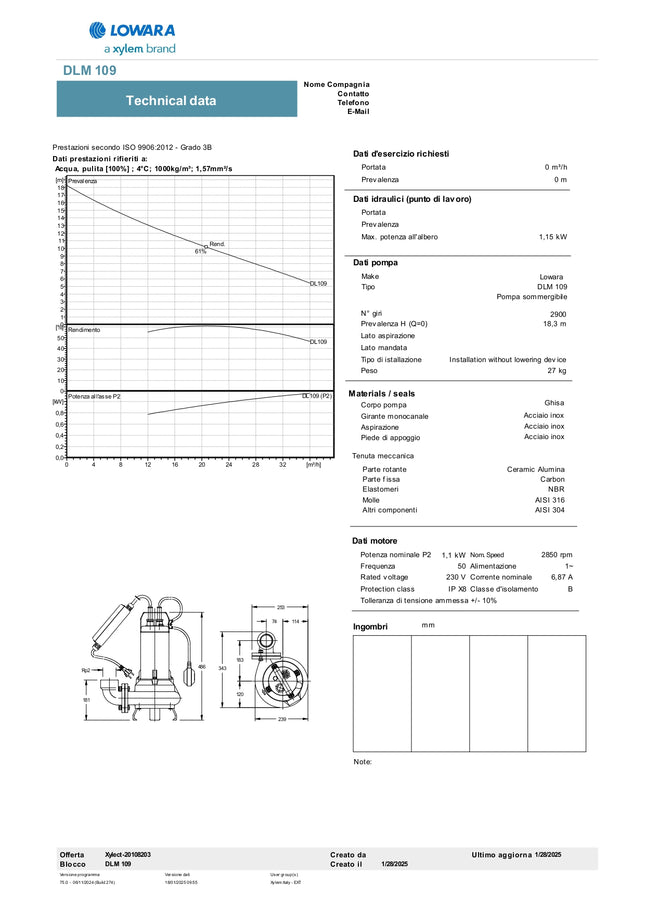 Lowara - Elettropompa sommergibile 1.5 HP con galleggiante per acque sporche - Modello: DLM109/ACG
