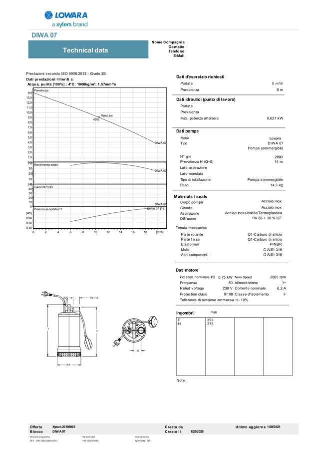 Lowara - Elettropompa Sommergibile 1.5 HP - 1.1 KW 220V per acque sporche - Modello: Diwa