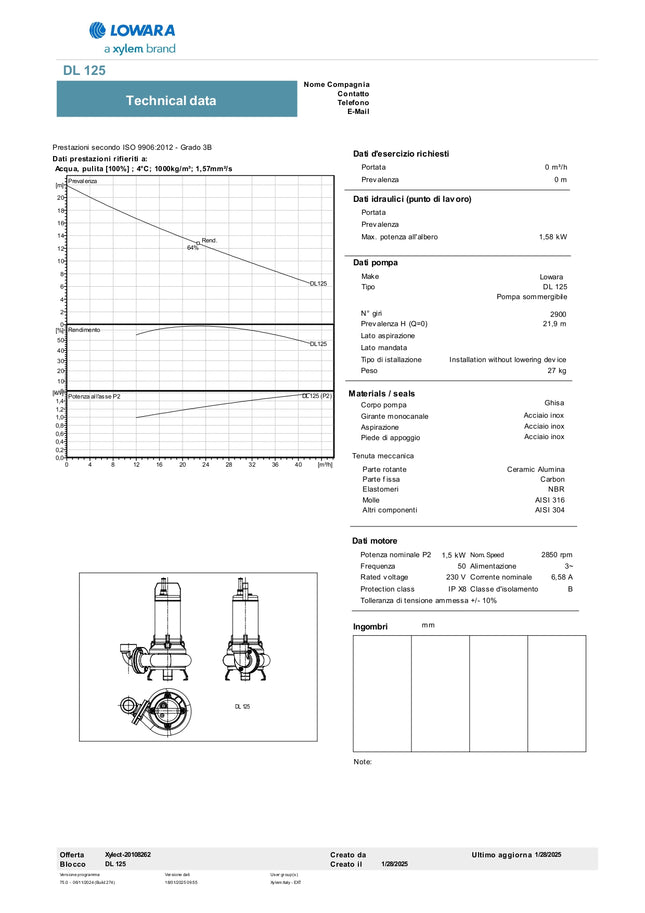 Lowara - Elettropompa Sommergibile 2 HP per acque sporche - Modello: DL125/A