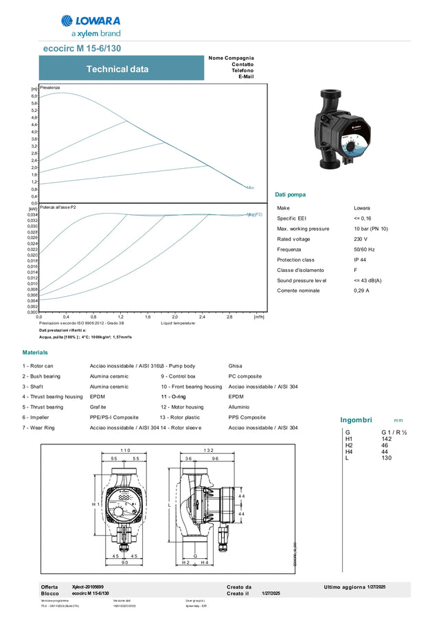 Lowara - Circolatore inverter 15-6/130 per riscaldamento - Modello: Ecocirc M