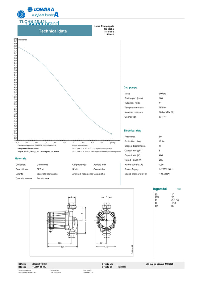 Lowara - Circolatore a rotore bagnato Per Acqua Calda Sanitaria - Modello: TLCHN25-12L