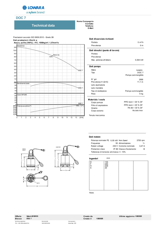 Lowara - Elettropompa Sommergibile Inox 0,75 Hp Per Acque Sporche Con Cavo 5 Mt - Modello: Doc7