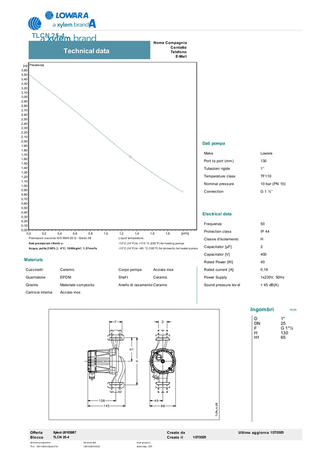 Lowara - Circolatore a rotore bagnato Per Acqua Calda Sanitaria - Modello: TLCN25-4