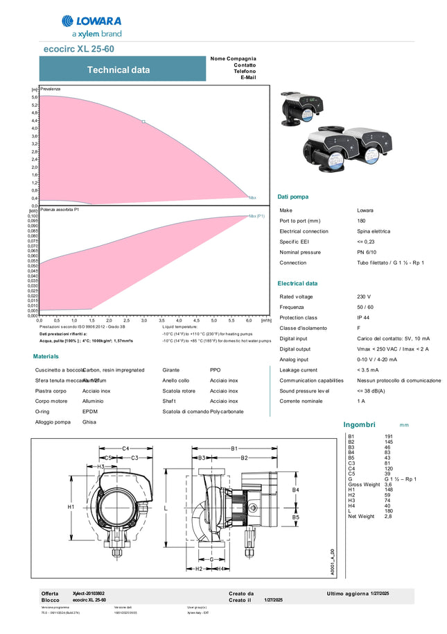 Lowara - Circolatore Inverter Modello Ecocirc XL 25-60