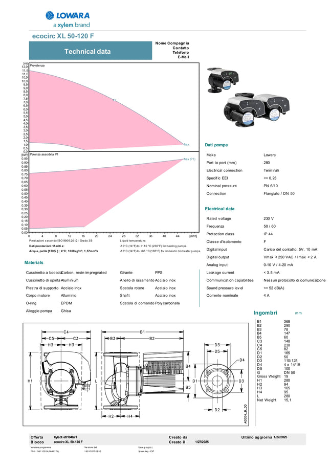 Lowara - Circolatore inverter Ecocirc XL 50-120 Flangiato A Magneti Permanenti Ad Alta Efficienza