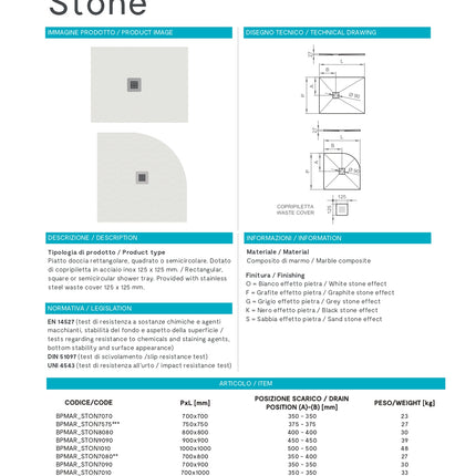 Piatto Doccia 80x140 in Mineralmarmo® - Colore: Granito Bianco (Senza Piletta)