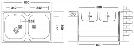 Lavello Cucina In Acciaio Inox Da Appoggio Con Bordino 80 Cm 2 Vasche